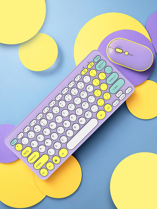 1 Pc Purple Round Key Wireless Keyboard and Mouse Set for Home Office or School
