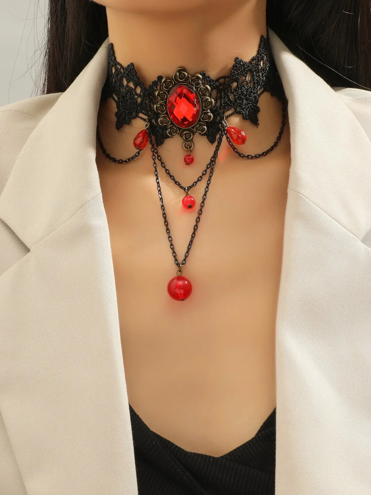 Red BLK LACE Rose Rockabilly Choker necklace Gothic Red BLK LACE Rose Rockabilly Choker necklace Gothic