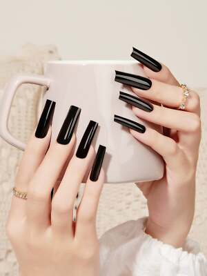 24pcs Long Square Black Pure Color Glossy Fake Nail Press On Nails False Nails