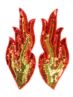 FLAMES FIRE APPLIQUES SEQUIN BEADED MIRROR PAIR DANCE COSTUME PATCH 8'' JB310X