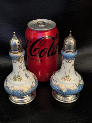 Antique Ornate Porcelain China Salt And Pepper Shakers Sterling Silver Lid Base - Thumbnail 3