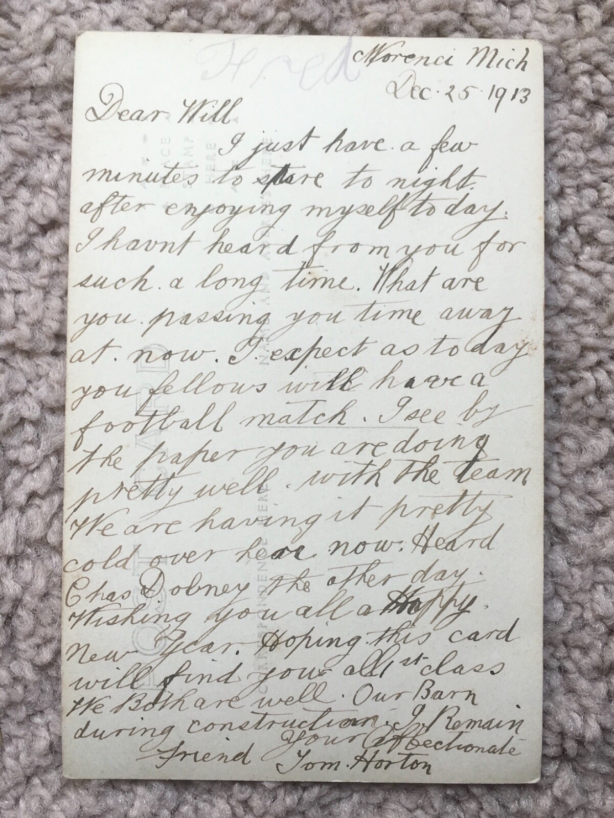 1913 MORENCI MICHIGAN RPPC POSTCARD = TOM HORTONS NEW BARN VINTAGE