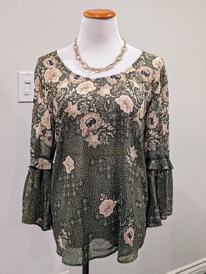 Style & Co. NWT Size L Light Green Floral Flutter Sleeve Blouse