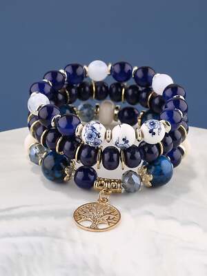 3pcs Round Tree Charm Blue Beaded Bracelet Creative Jewelry for Women Crafted