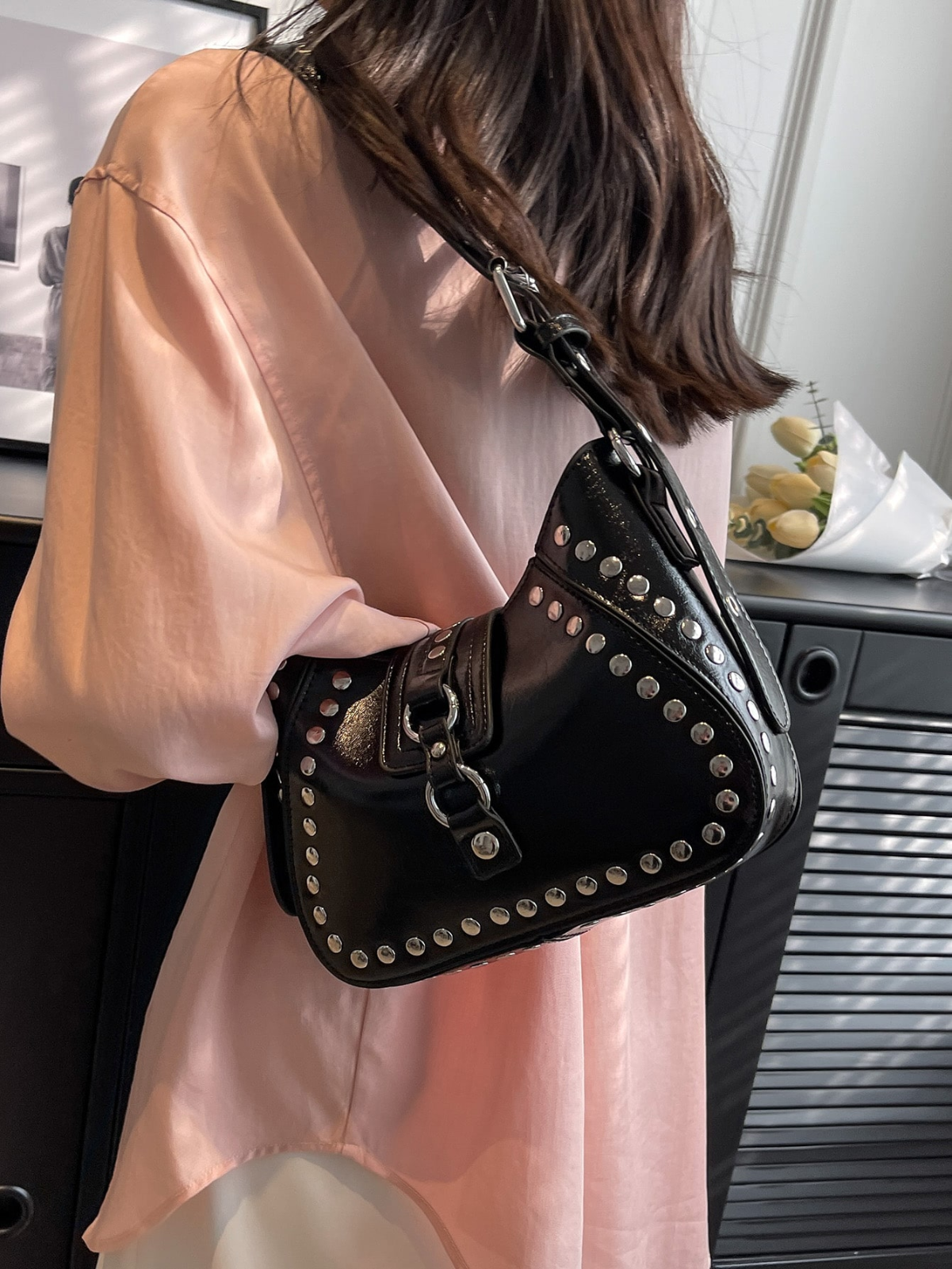 Funky Punk Steampunk Gothic Underarm Bag, Y2K Studded Motorcycle Hobo Handbag