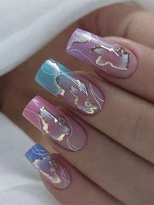 24pcs Long Square Colorful Marble Print Fake Nail Kit False Nails Press On Nails