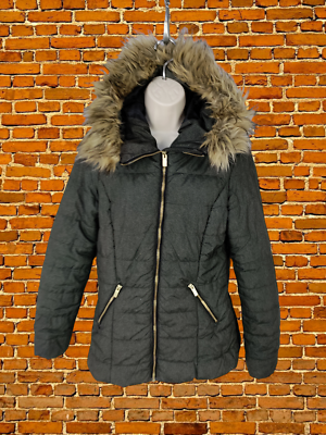 WOMENS H M SIZE UK 10 EUR 38 KHAKI GREEN FAUX FUR HOOD PADDED