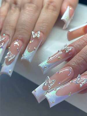 24pcs Long Square Butterfly Decor Fake Nail Press On Nails False Nails Glue On