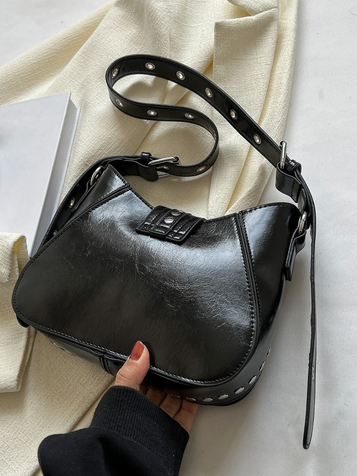 Funky Punk Steampunk Gothic Underarm Bag, Y2K Studded Motorcycle Hobo Handbag