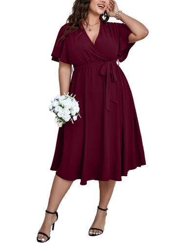 SCOMCHIC Womens Plus Size Wedding Guest Cocktail Midi Dress Summer Short Sleeve