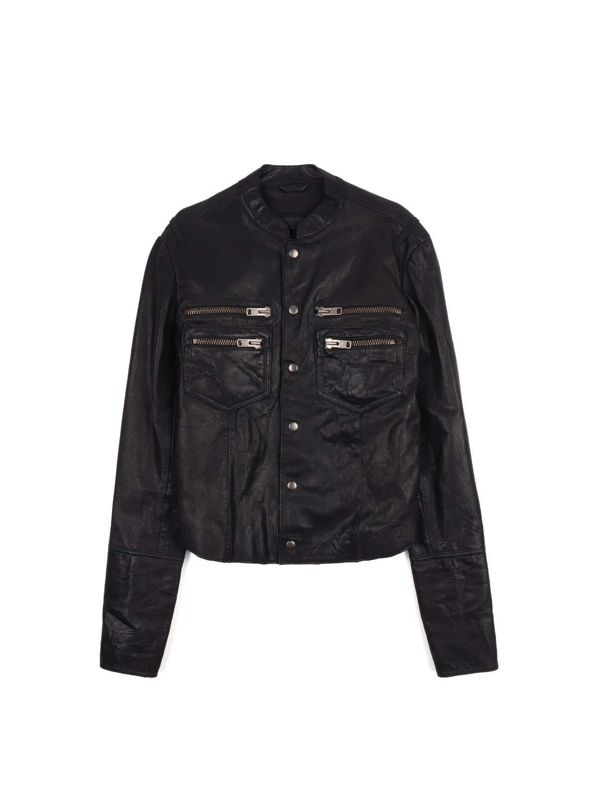 Allsaints Leather Zip Biker Jacket Band Collar Size S