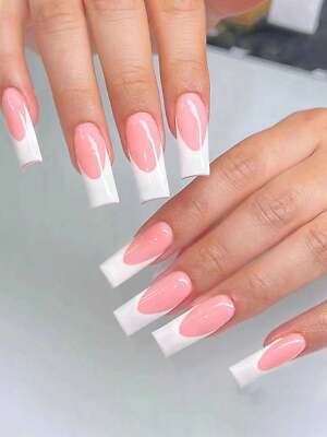 24pcs Long Square White French Style Fake Nail Press On Nails False Nails Glue