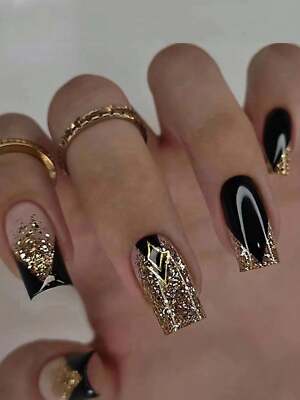 24pcs Long Square Black Gold Glitter Fake Nail False Nails Press On Nails Glue
