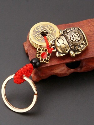 New Vintage Pure Brass Lucky Cat Five Emperors Money Chinese New Year Key Chain 