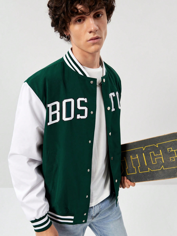 Manfinity Sporsity Varsity Jacket - Letter Graphic - Striped Trim