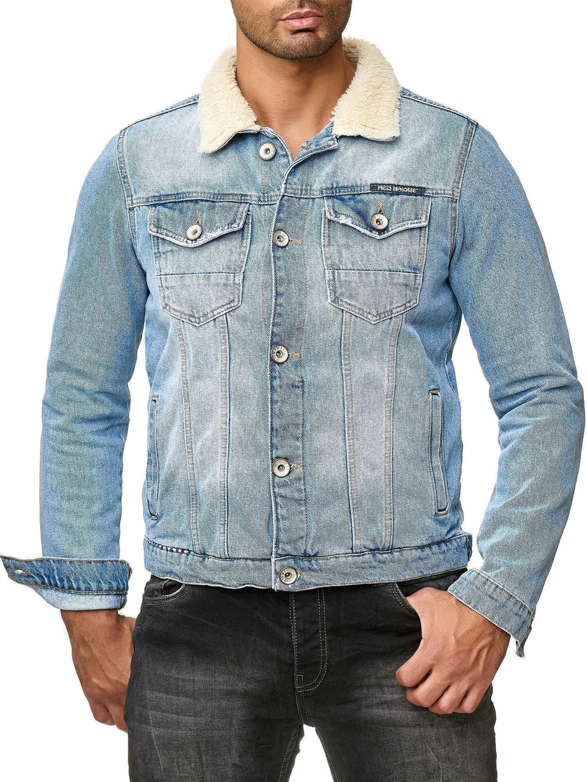 RED BRIDGE Giacca Jeans Uomo Modello Trucker Sherpa – Denim Azzurro, 100% Cotone, Taglio Attillato, Collo In Pelliccia