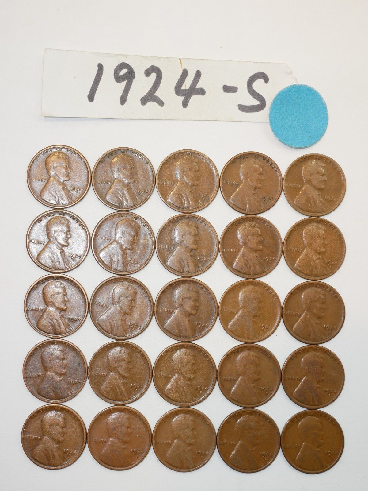 1924-S CENT ROLL SOLID DATE = 25 LINCOLN WHEAT PENNIES (8+ ITEMS SHIP FOR FREE)