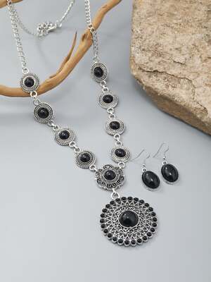 3pcs Round & Oval Decor Jewelry Set Retro Style Bohemian Design