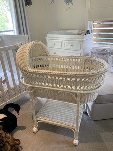 Pottery Barn White Bassinet With Linen Like New Cots Bedding