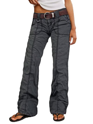 Flamingals Straight Leg Pants for Women Mid Rise Casual Cargo Solid Patch