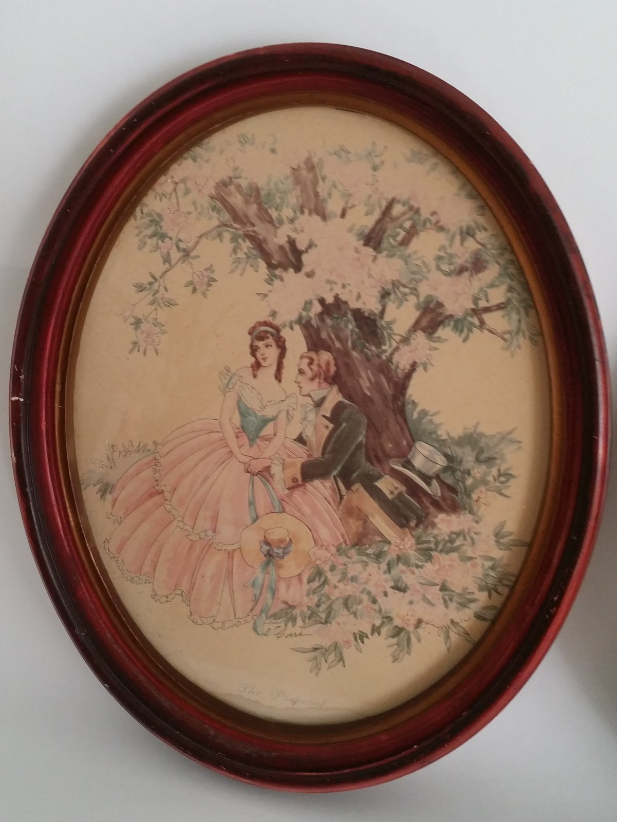 Old Love Scenes Courting Couple in Thick Antique Picture Frames Oval Glass 2 LOT