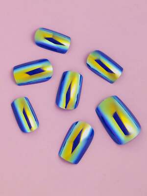 24pcs Long Square Blue Mirror Nail Art Chrome Metallic Effect Nails False Nails