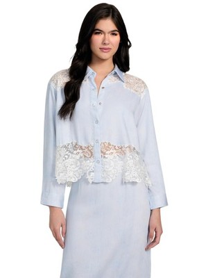 GUESS Womens Long Sleeve Evie Denim Top, Nimbus Blu, Extra Large