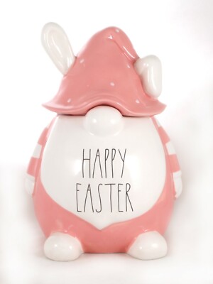 Rae Dunn Pink Bunny ''Happy Easter'' Gnome Ceramic 10'' Cookie Jar Canister - NEW
