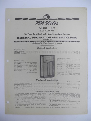 Vintage 1940 RCA Victor Model K61 6 Tube Radio Technical Info and Service Data