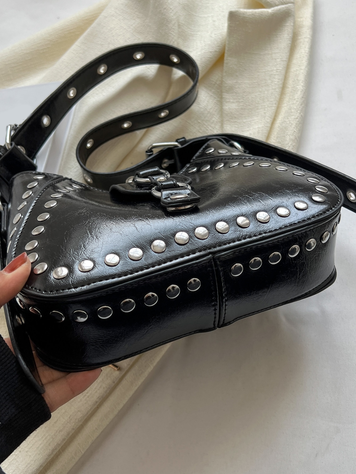Funky Punk Steampunk Gothic Underarm Bag, Y2K Studded Motorcycle Hobo Handbag