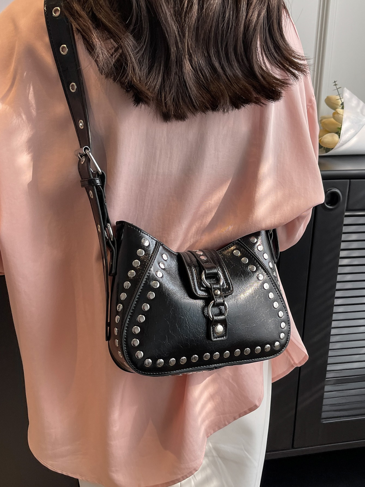 Funky Punk Steampunk Gothic Underarm Bag, Y2K Studded Motorcycle Hobo Handbag