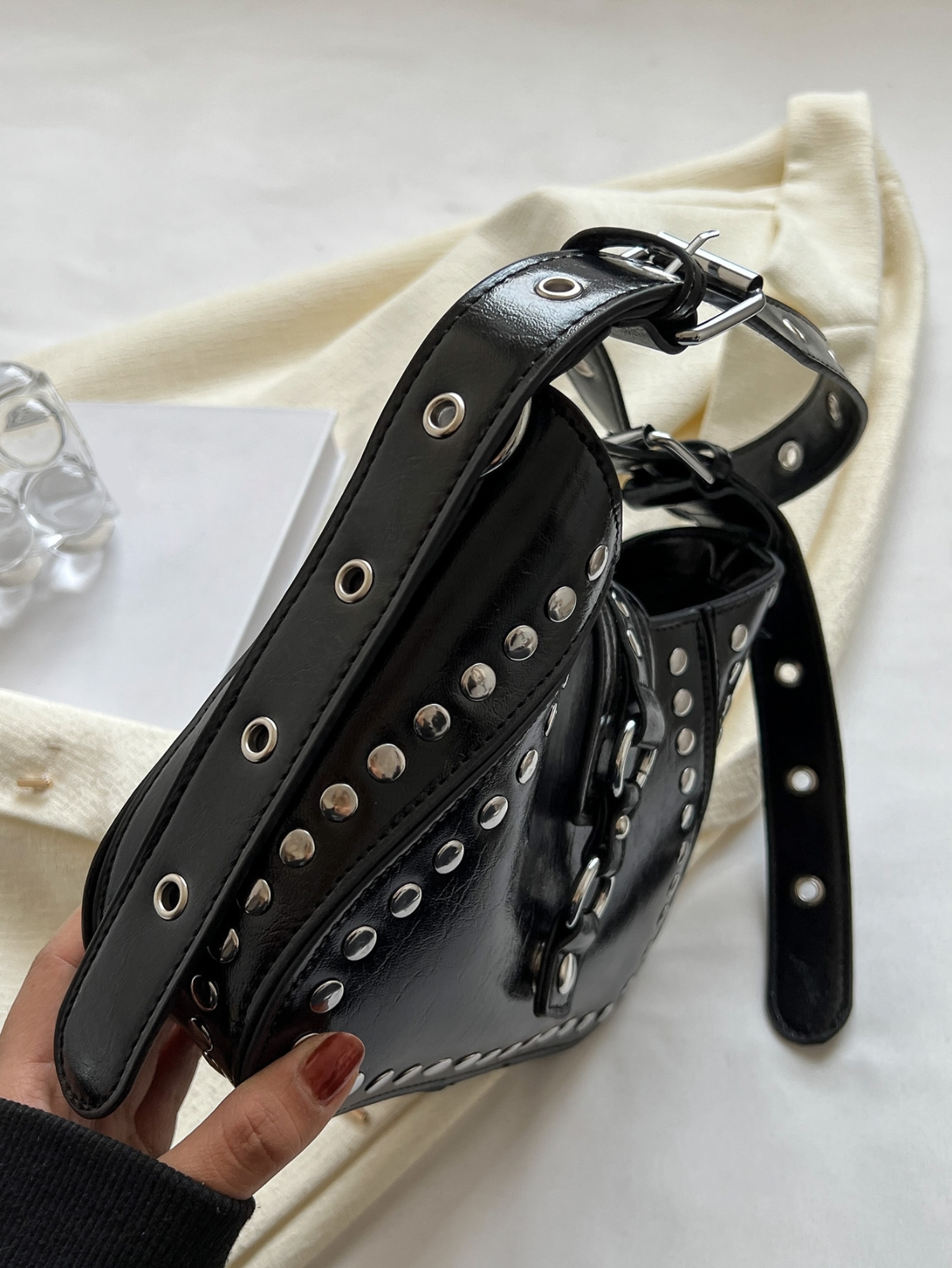 Funky Punk Steampunk Gothic Underarm Bag, Y2K Studded Motorcycle Hobo Handbag