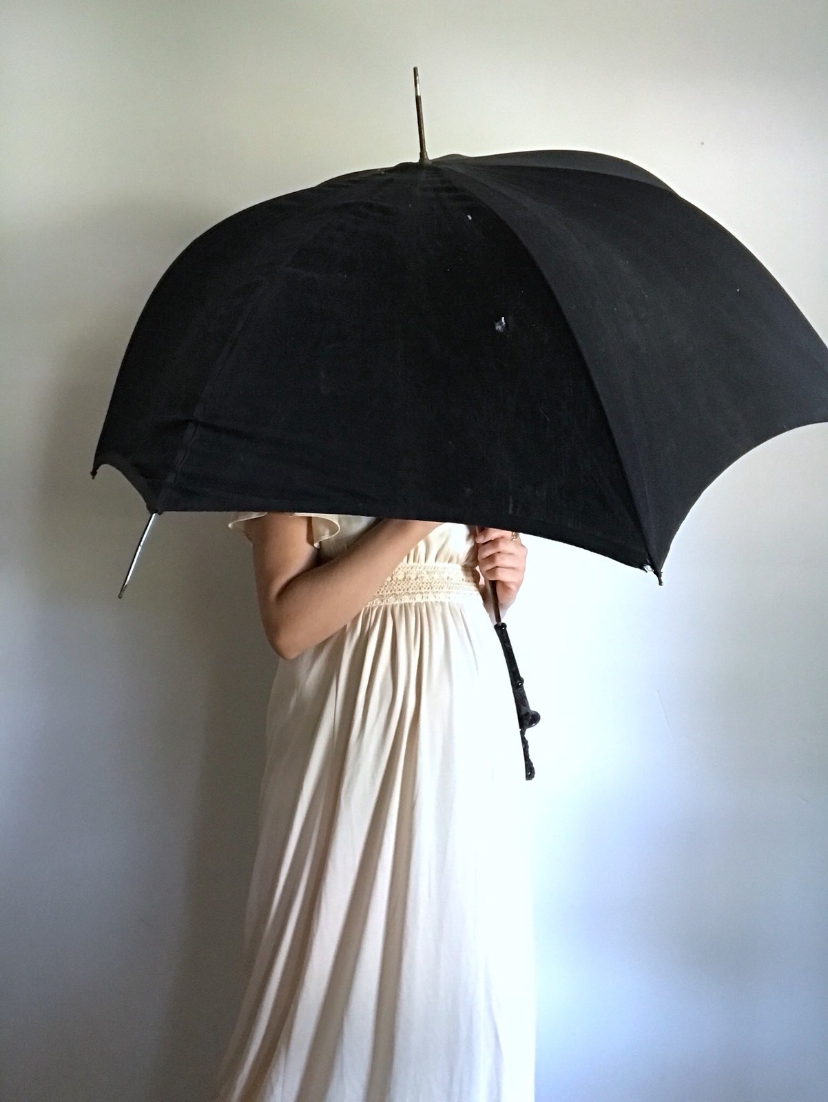 Black Parasol Sun Umbrella Cotton Halloween Gothic Antique Carved Wooden Handle