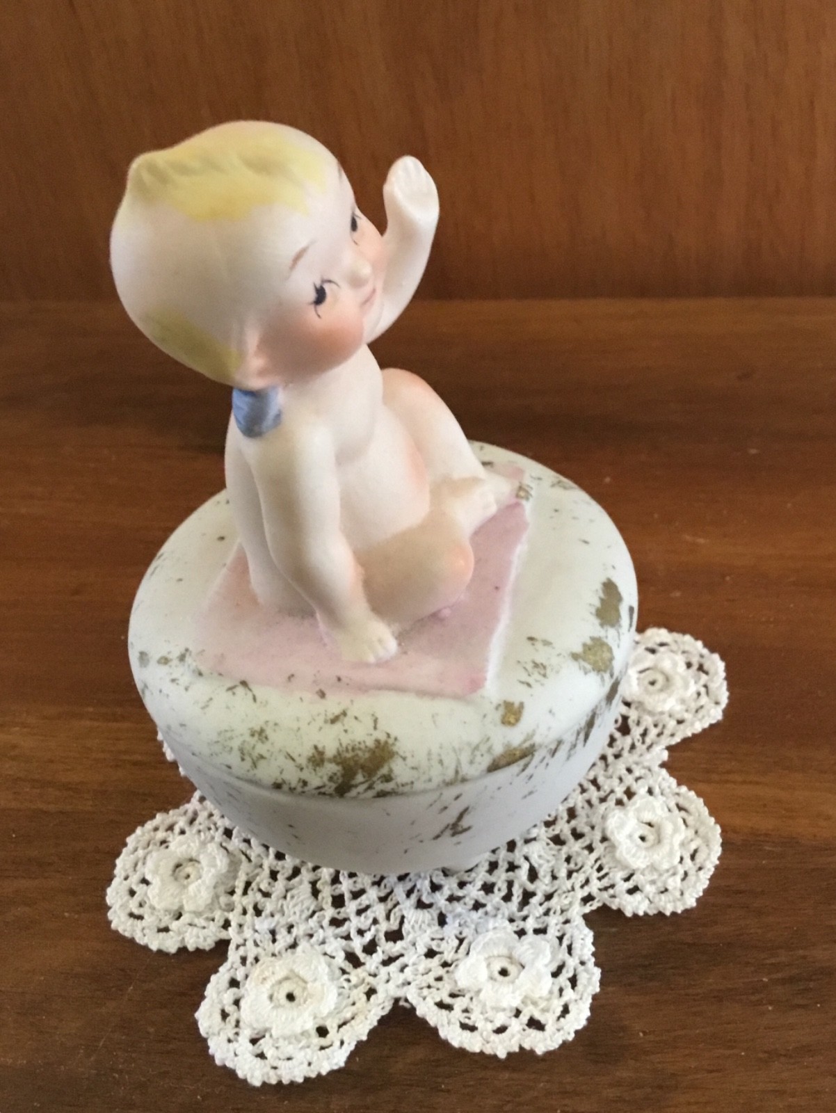 Vintage Lefton Hand Painted Porcelain Kewpie On Pink Blanket Trinket Box