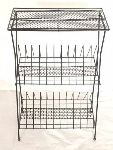 Vintage MCM Record Album Rack Stand LP's Black Metal Wire Plant 3 Tier