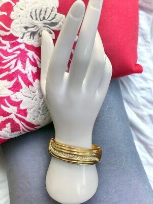 Vintage Boho Bright Golden Clear Rhinestone Hinged Bangle Bracelet