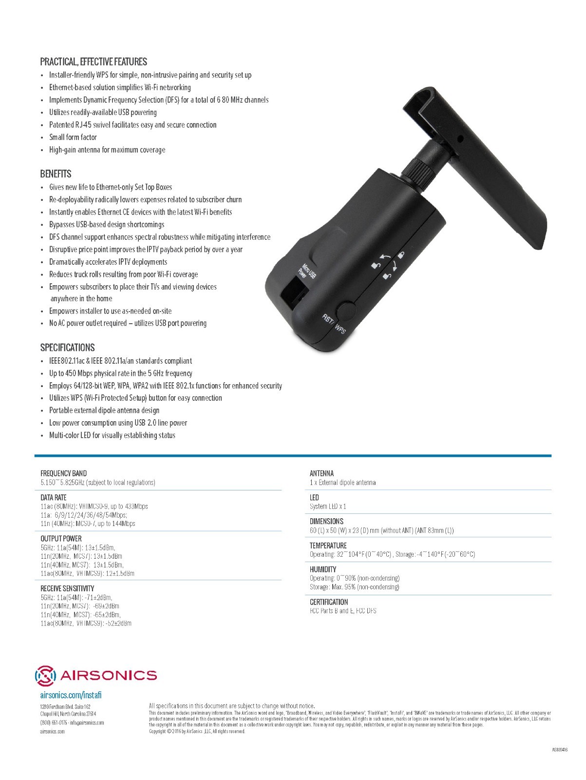 Ethernet to Gigabit WI-FI adapter Airsonics InstaFi 11ac Enabler