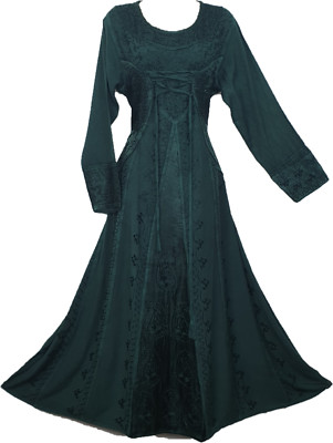 Boho Maxi Dress Winter Festive GREEN Long Sleeve Corset Medieval Embroidered