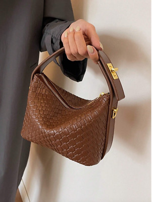 Brown Weave Solid Color Pu Leather Basic Style Fashionable Handbag For Women