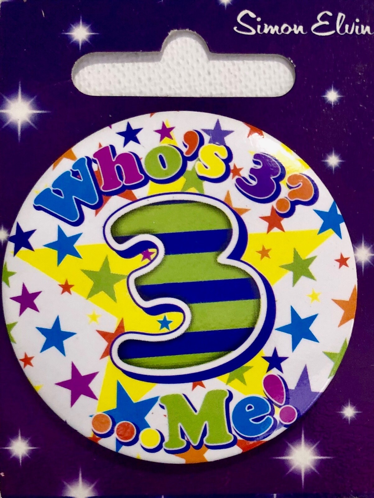 Small Birthday badge with plastic clip, 2nd or 3rd Birthday, Simon Elvin, party