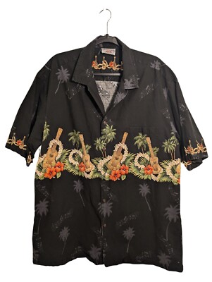 Pacific Legend Apparel Ukulele Guitar & Palm Trees Hawaiian Shirt Men's XL Black
