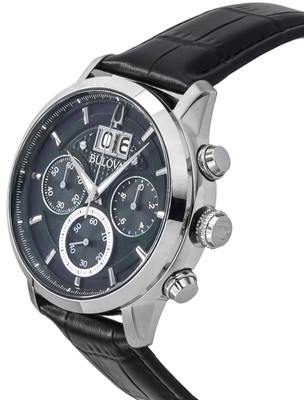 Pre-owned Bulova Sutton Classic Chronograph Leather Strap Green Dial 96b310 30m Mens Watch