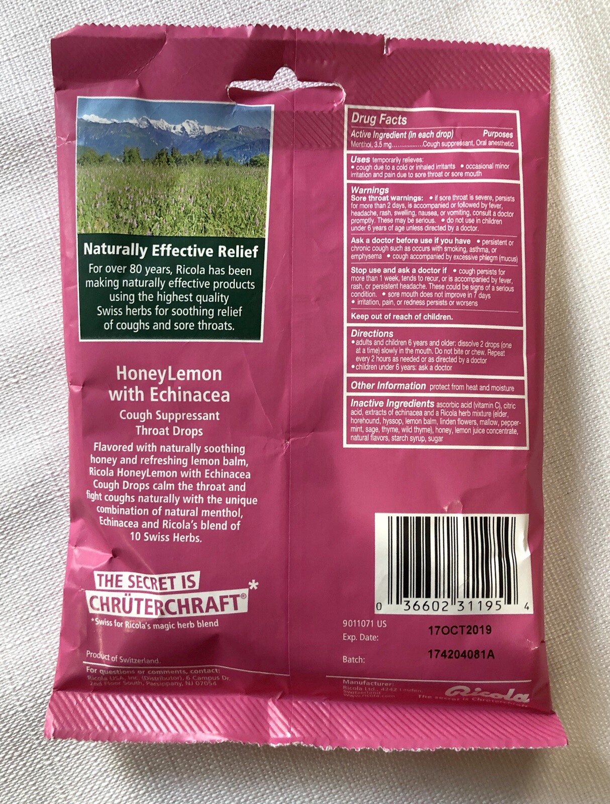 Ricola HoneyLemon with Echinacea Cough Suppressant Throat Drop 19 Count (4 Pack)