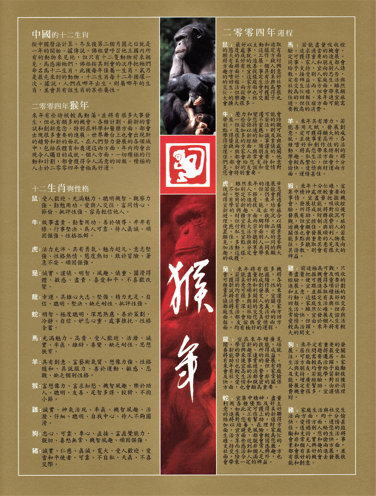 “2004 Year of the MONKEY” Pack w/ 2004 Canada, China & Hong Kong Postage Stamps