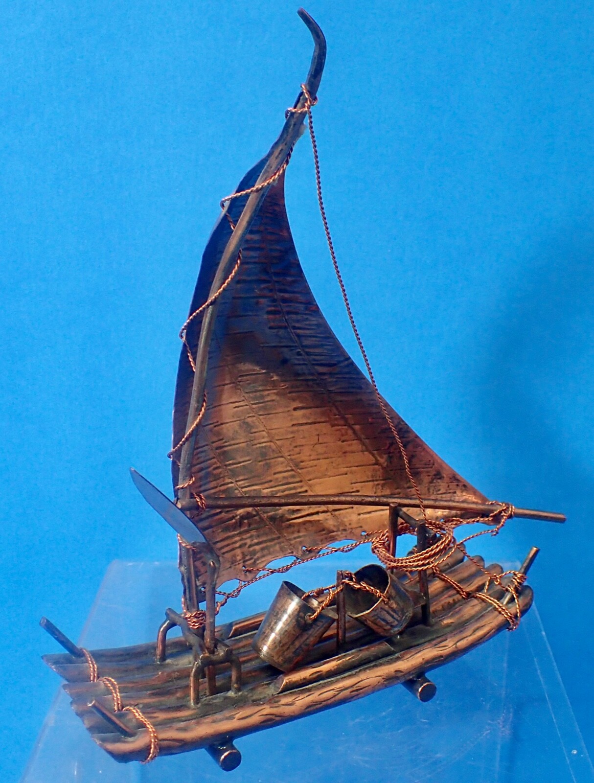 【ブラジル　銅板工芸品　帆掛け船(大)１艘　1970】金属工芸品　筏　置物　漁舟 ブラジル 銅板工芸品 帆掛け船(中)1艘 1970】金属工芸