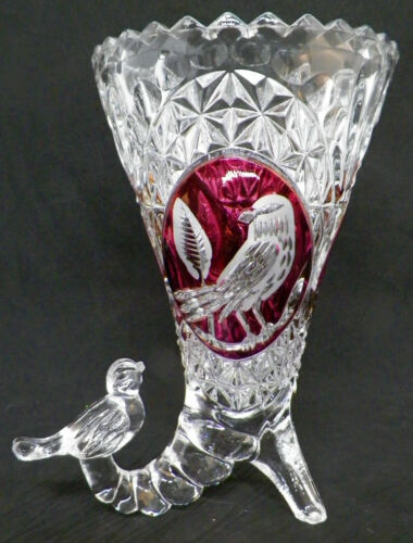 Vintage Hofbauer Byrdes Cornucopia Vase, Crystal/Ruby w/Bird 6"