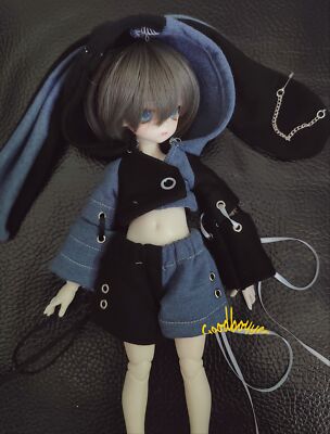 1/6 1/4 BJD Doll Clothes Spliced Big Eared Rabbit Hoodie+Shorts Gray+Black DOD