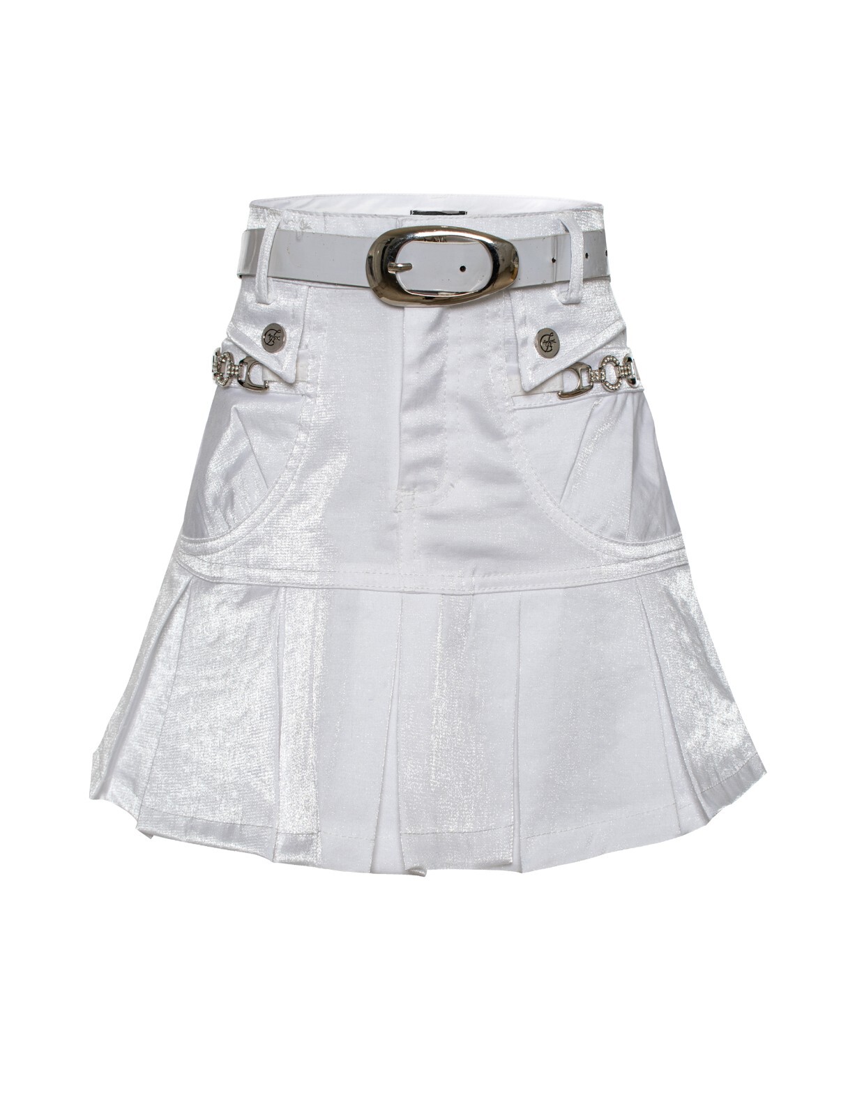 【in a row】low pocket skirt Girl's Short Skirt Two Pocket Zipped With Belt Shiny White