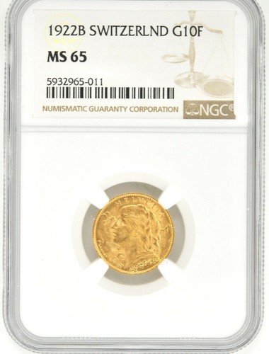 1922 B Switzerland Helvetica 10 Francs Gold Coin NGC MS 65