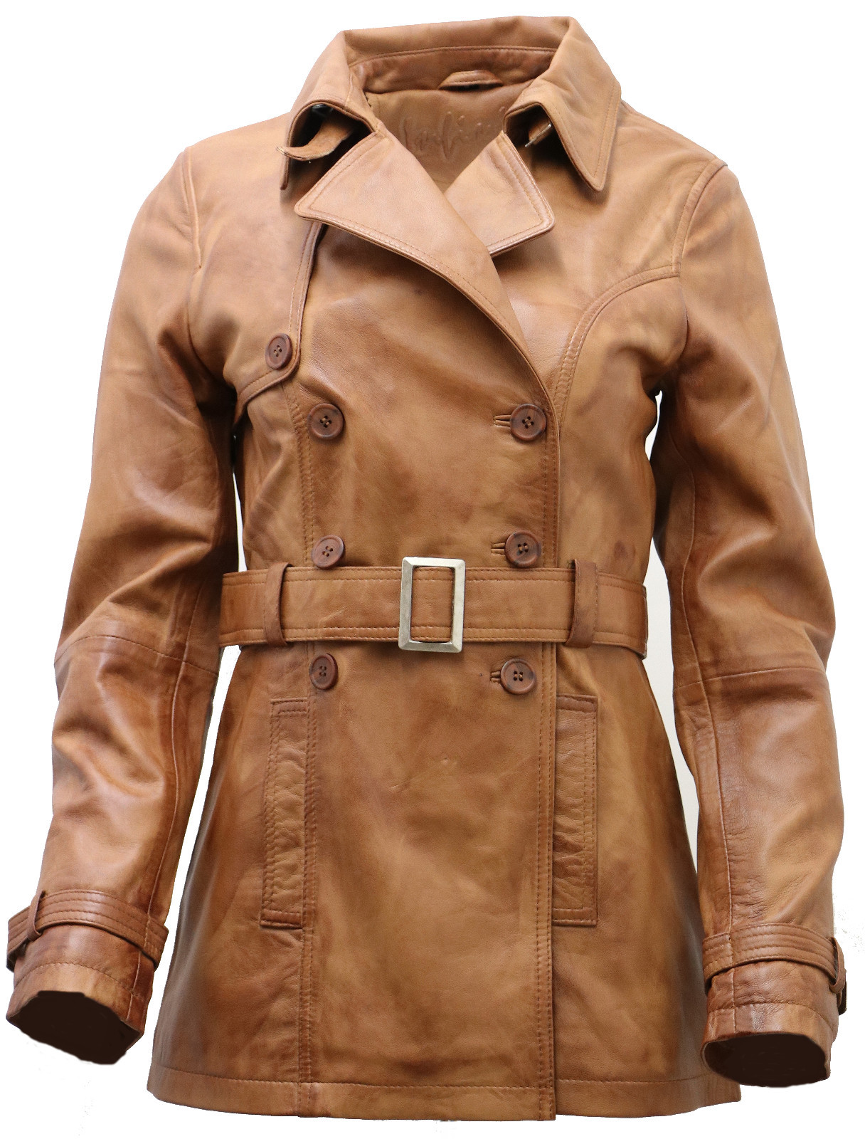 Pre-owned Infinity Women's 3/4 Tan Ladies Lamb Nappa Leather Trench Coat In Brown